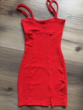 Divided Red Textured Spaghetti-Strap Mini Dress